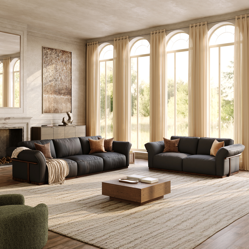 2+3 Seater Black Genuine Leather Sofa Set with Solid Wood Frame & Comfortable Seating