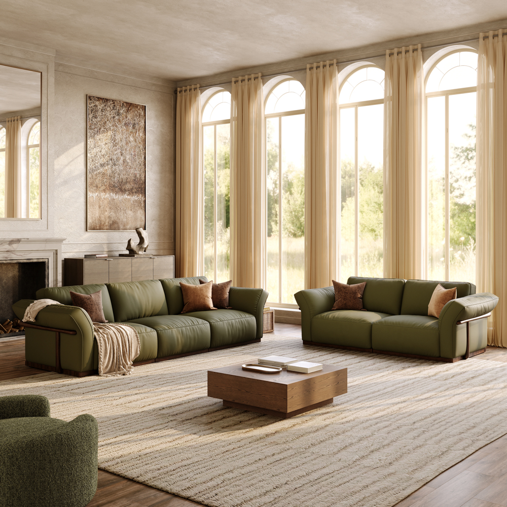 2+3 Seater Green Genuine Leather Sofa Set with Solid Wood Frame & Comfortable Seating