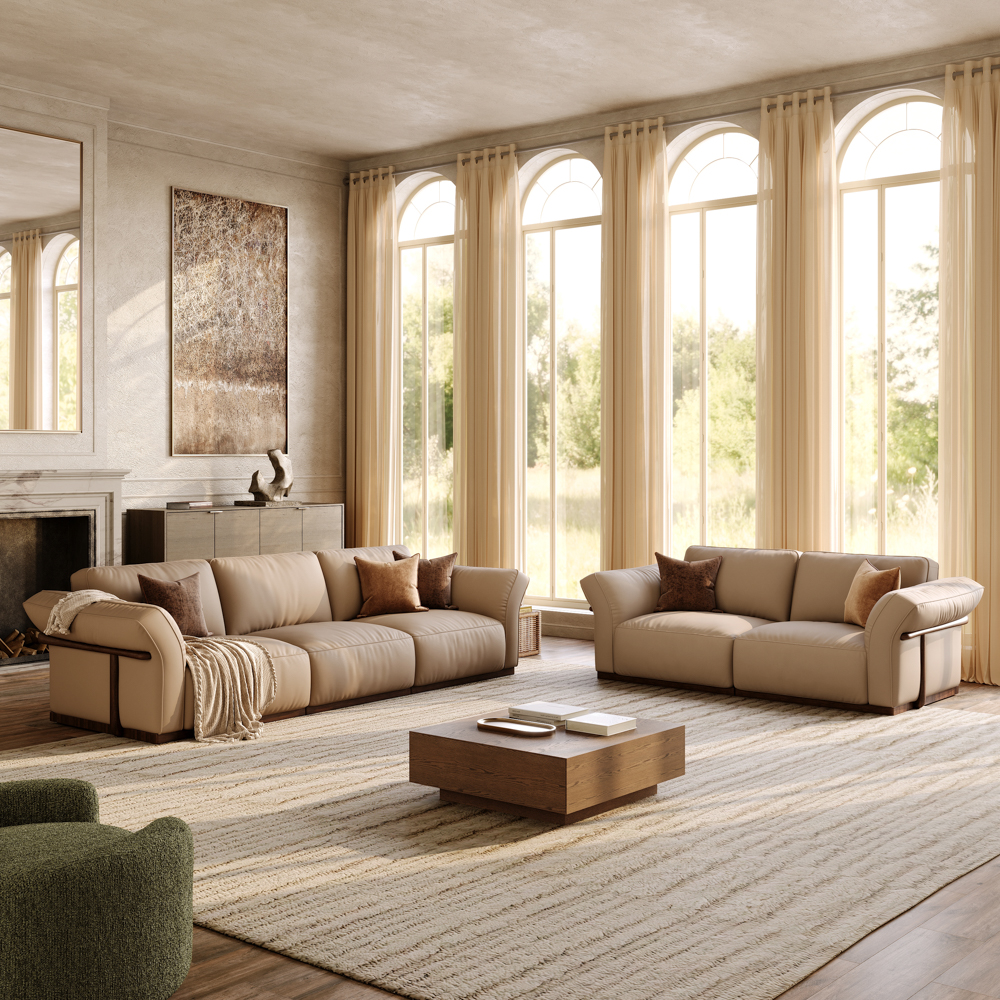 2+3 Seater Khaki Genuine Leather Sofa Set with Solid Wood Frame & Comfortable Seating