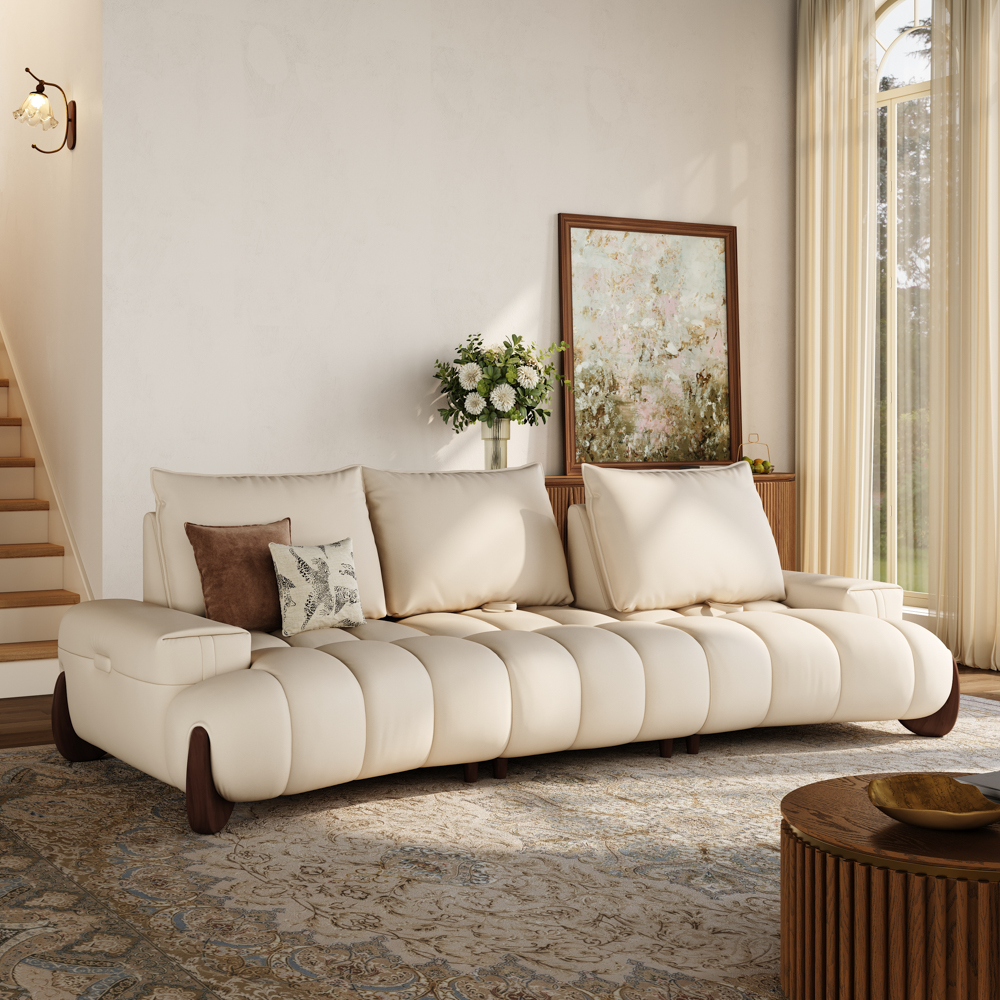 Arlo-3-4 Seater Beige Leather Sofa with Spill-Proof & Scratch-Resistant Adjustable Cushions, Cloud Sectional Sofa with Soild Wood Leg