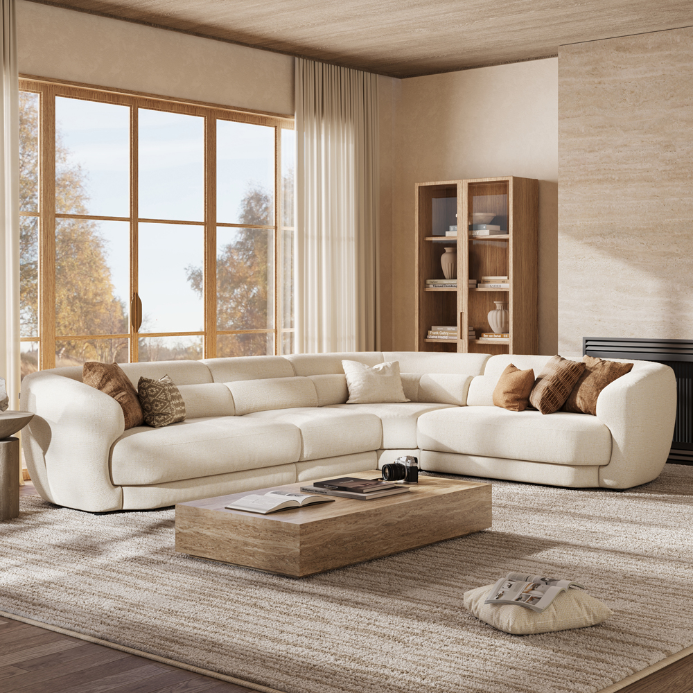 143 Inch Minimalist Beige Chenille Sofa Modern Large L-Shaped With Lumbar Support