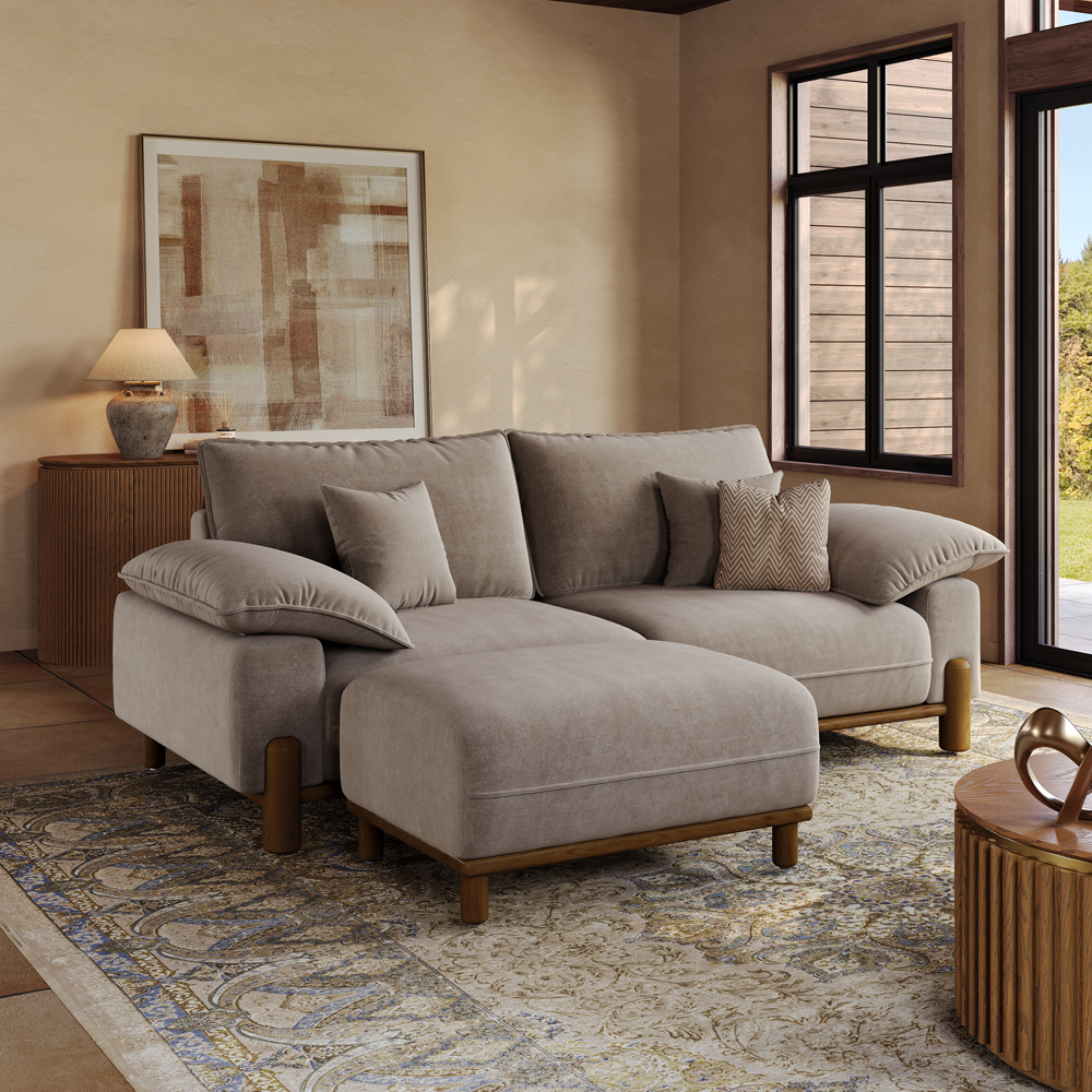 Atticus-89 Inch 2 Cushion Khaki Sofa with Ottoman with Performance Fabric