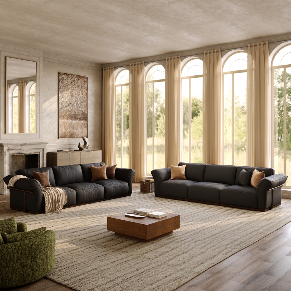 3+3 Seater Black Genuine Leather Sofa Set with Solid Wood Frame & Comfortable Seating