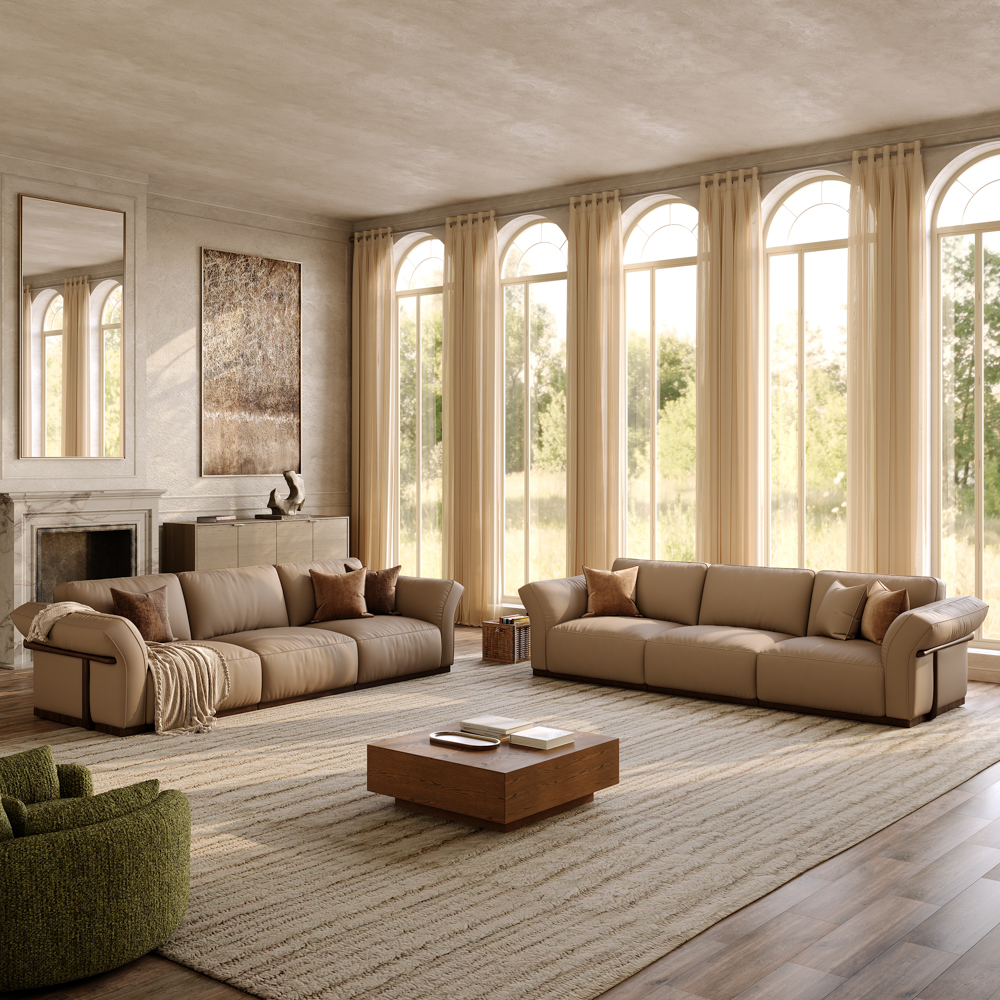 3+3 Seater Khaki Genuine Leather Sofa Set with Solid Wood Frame & Comfortable Seating