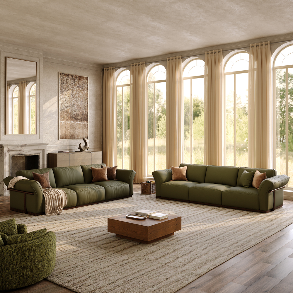 3+3 Seater Green Genuine Leather Sofa Set with Solid Wood Frame & Comfortable Seating
