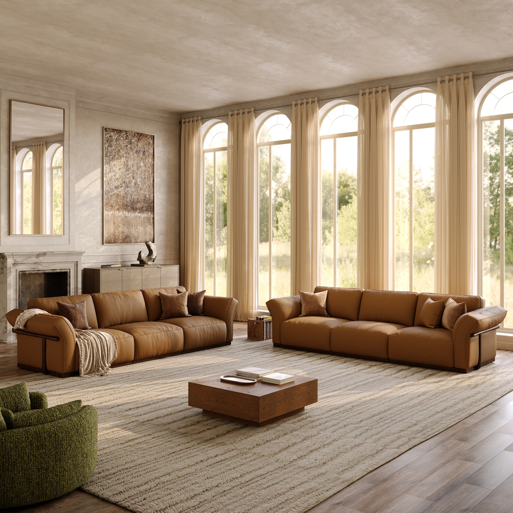 3+3 Seater Brown Genuine Leather Sofa Set with Solid Wood Frame & Comfortable Seating