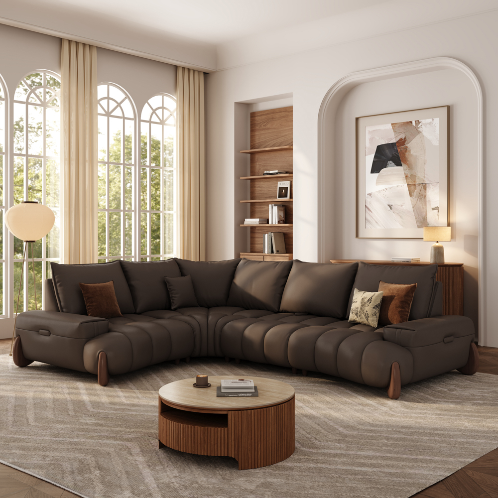 Dark Brown Leather L-shaped Sofa with Spill-Proof & Scratch-Resistant