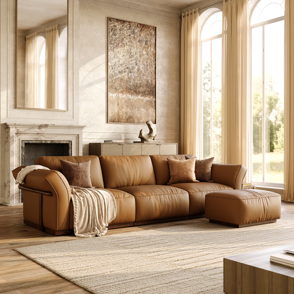 115'' Brown Genuine Leather Modular Sofa with Solid Wood Frame & Ottoman