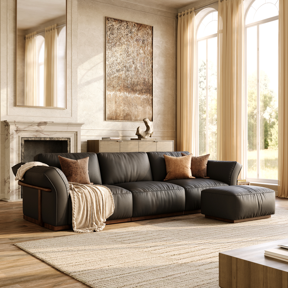 115'' Black Genuine Leather Modular Sofa with Solid Wood Frame & Ottoman