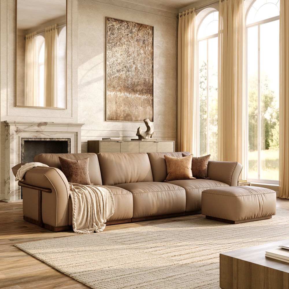 115'' Khaki Genuine Leather Modular Sofa with Solid Wood Frame & Ottoman