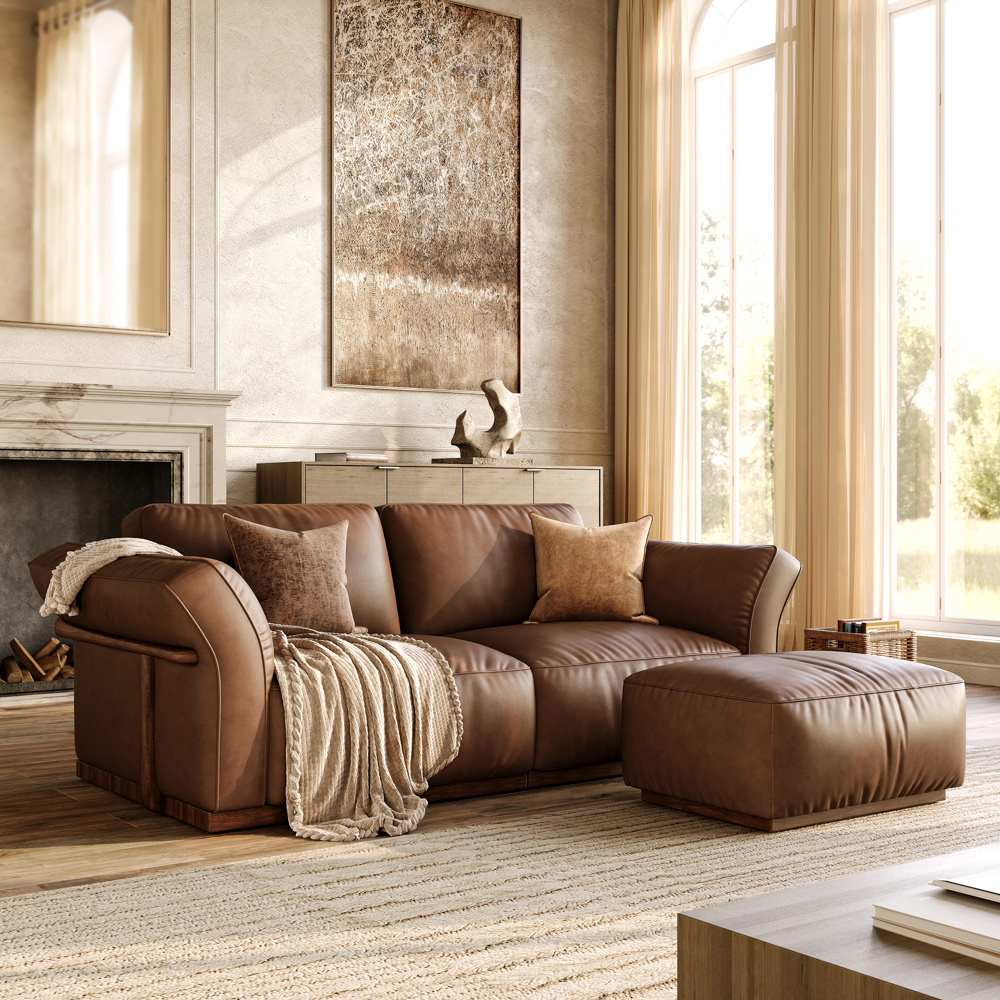 82''Dark brown Genuine Leather Modular Sofa with Solid Wood Frame & Ottoman