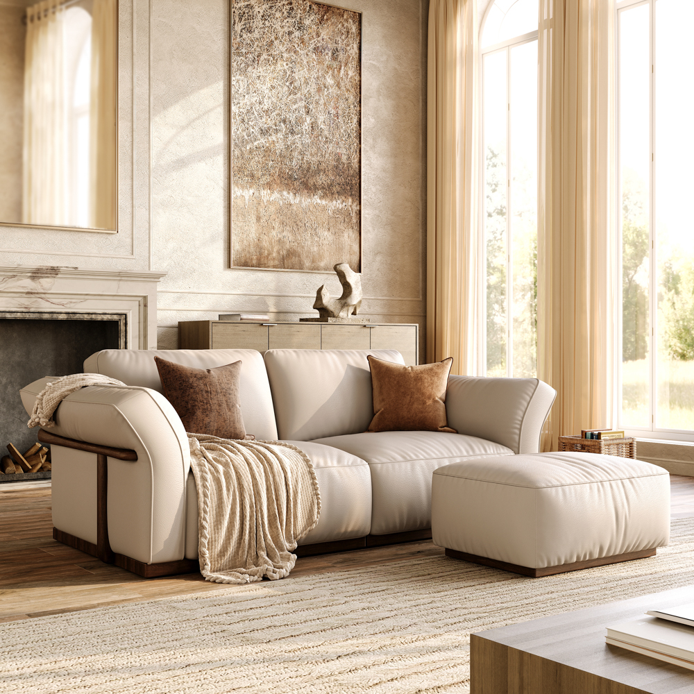 82''Beige Genuine Leather Modular Sofa with Solid Wood Frame & Ottoman