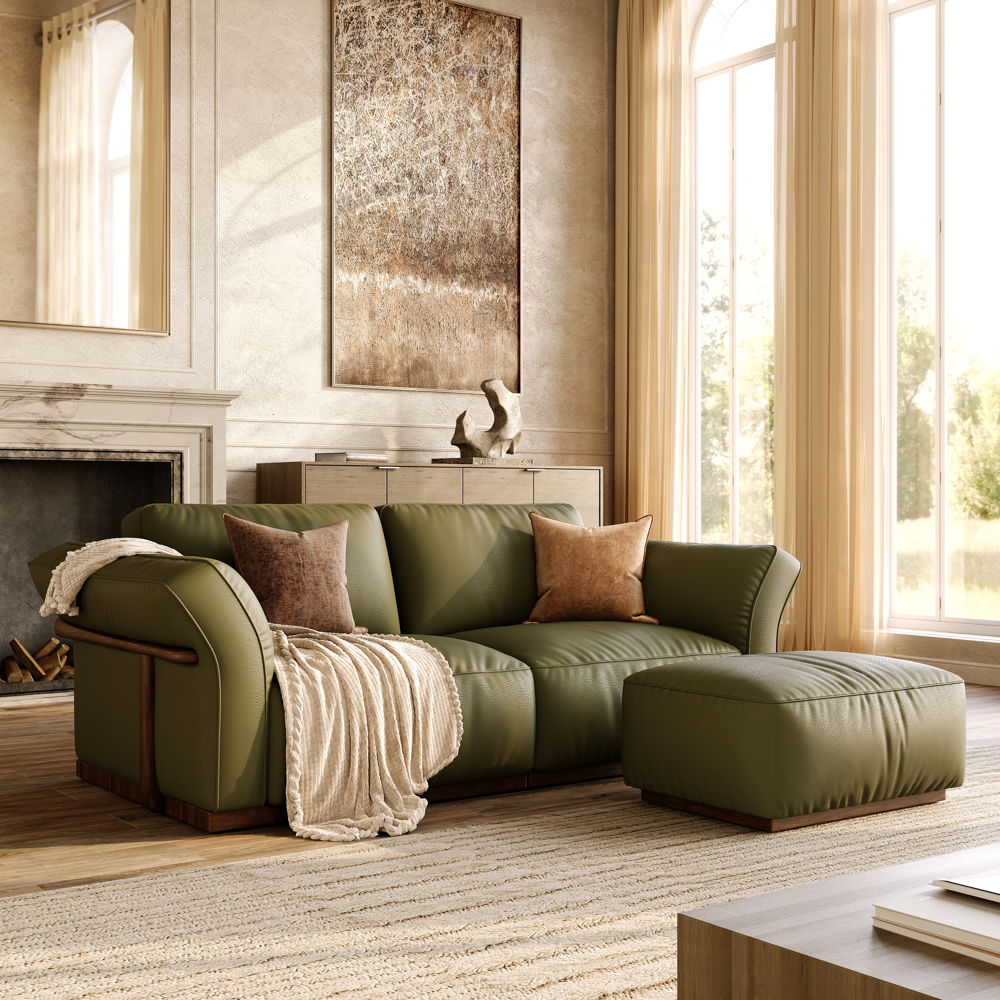 82''Green Genuine Leather Modular Sofa with Solid Wood Frame & Ottoman