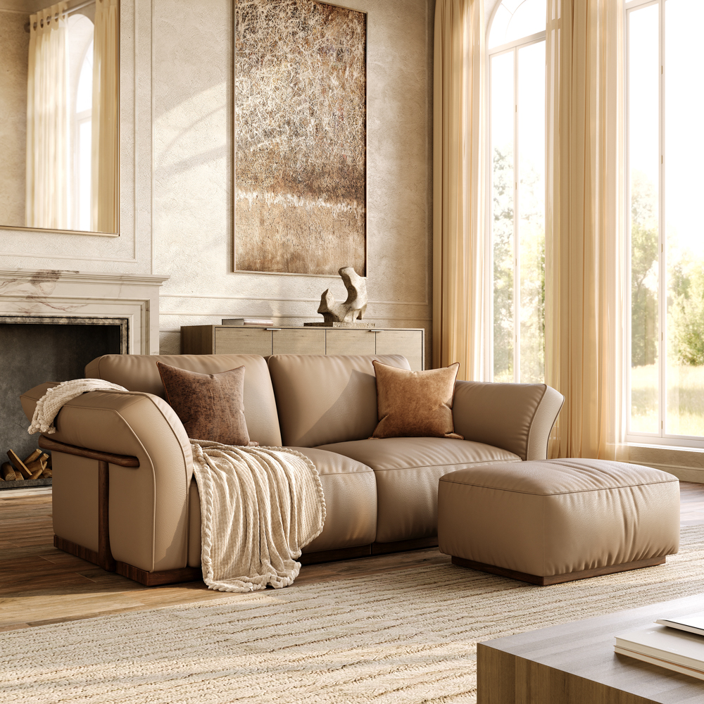 82''Khaki Genuine Leather Modular Sofa with Solid Wood Frame & Ottoman