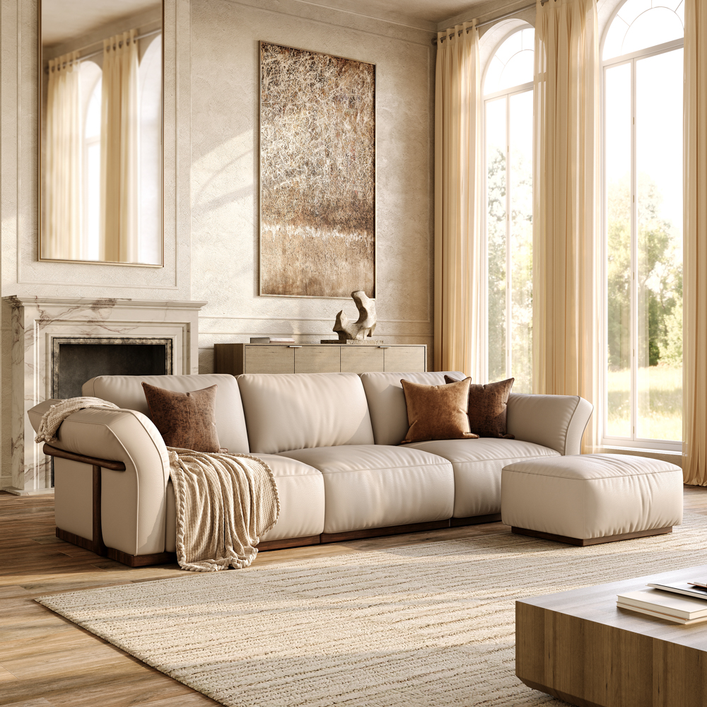 115'' Beige Genuine Leather Modular Sofa with Solid Wood Frame & Ottoman