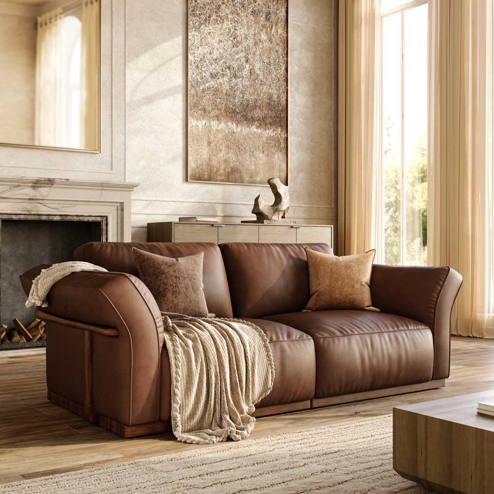 82'' Dark Brown Genuine Leather Modular Sofa with Solid Wood Frame
