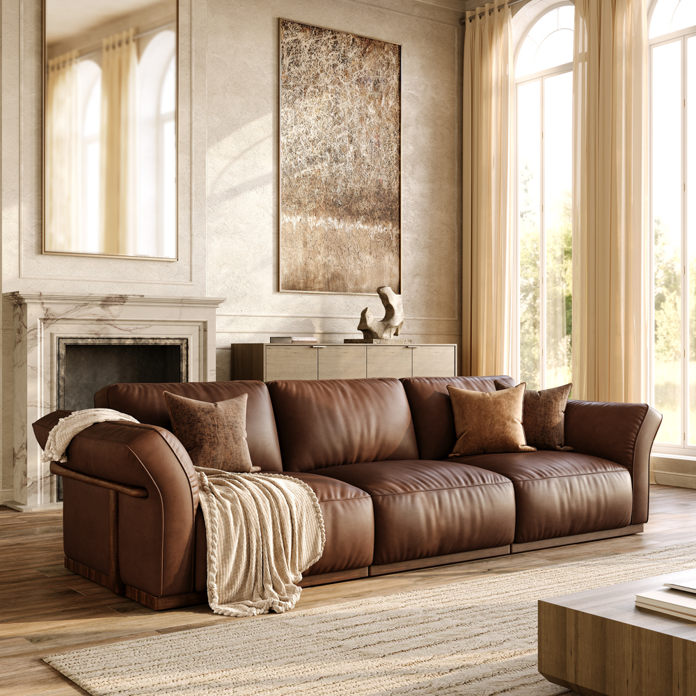 115'' Dark Brown Genuine Leather Modular Sofa with Solid Wood Frame