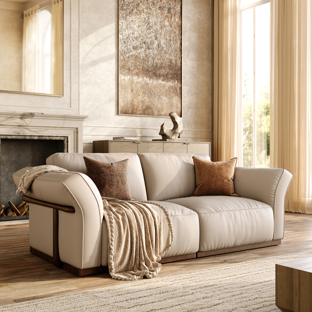 82'' Beige Genuine Leather Modular Sofa with Solid Wood Frame