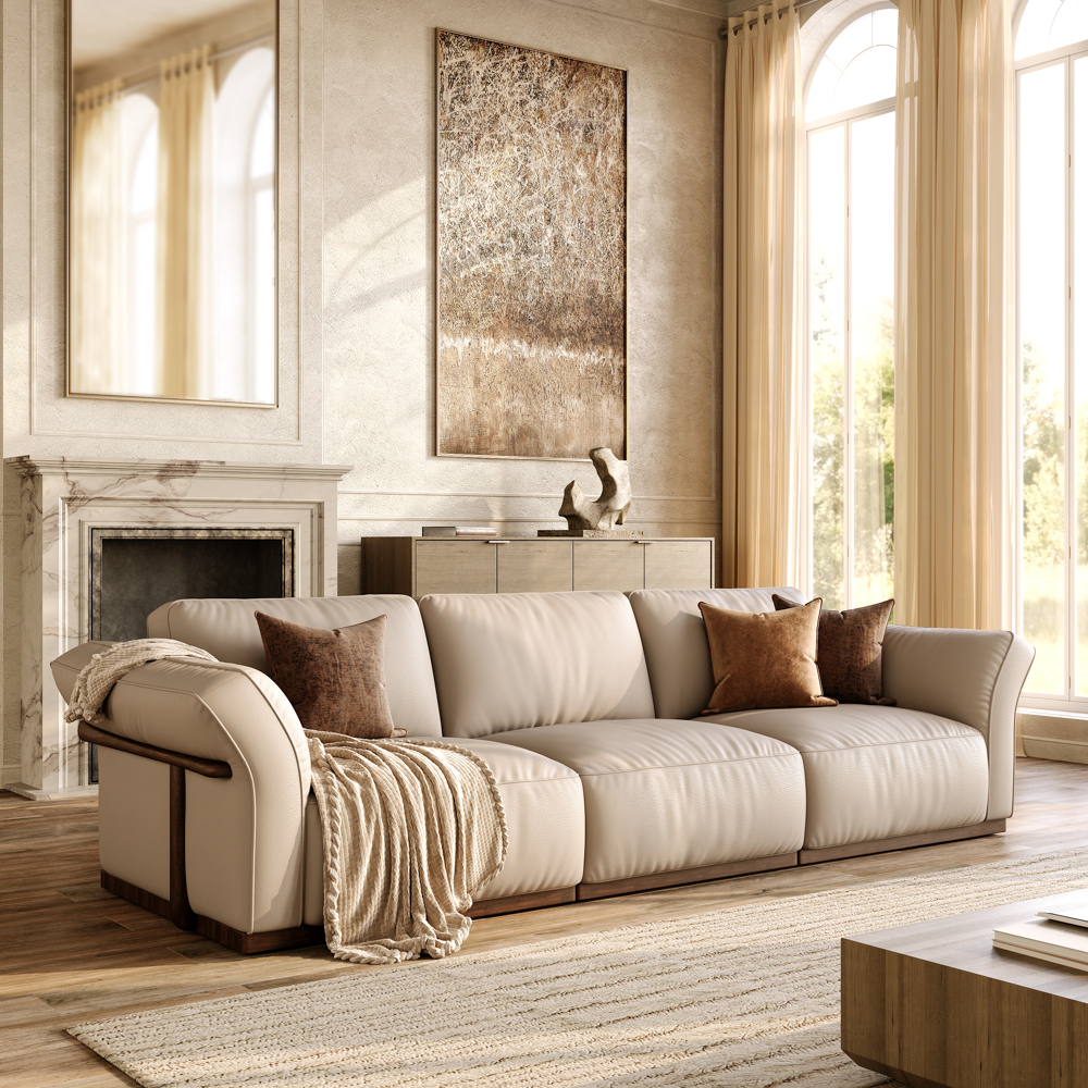 115'' Beige Genuine Leather Modular Sofa with Solid Wood Frame