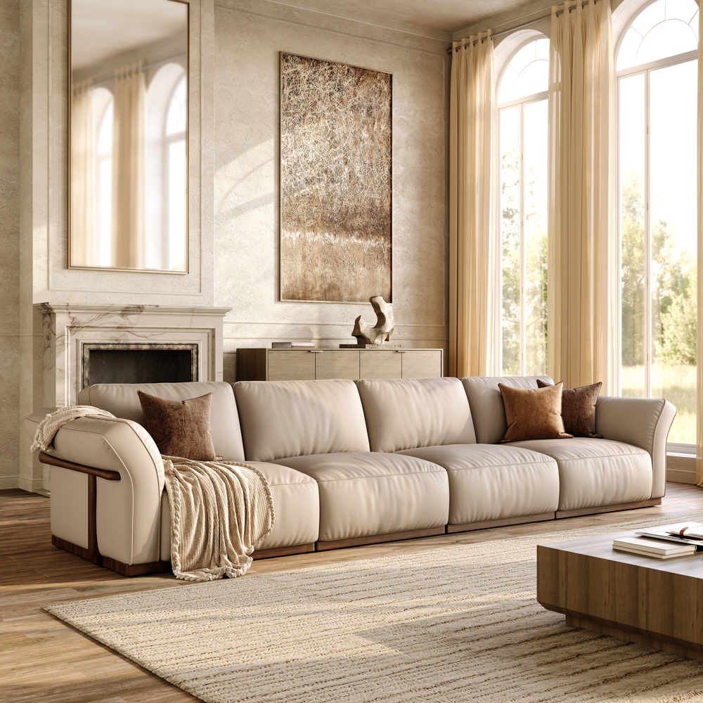 146'' Beige Genuine Leather Modular Sofa with Solid Wood Frame