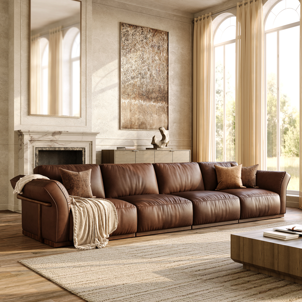 146'' Dark Brown Genuine Leather Modular Sofa with Solid Wood Frame