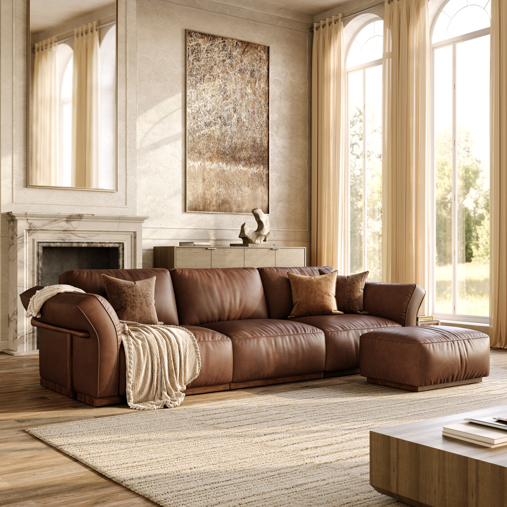 115'' Dark Brown Genuine Leather Modular Sofa with Solid Wood Frame & Ottoman