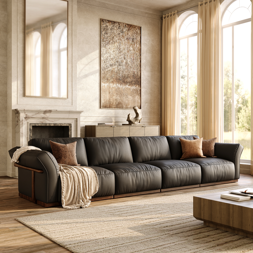 146'' Black Genuine Leather Modular Sofa with Solid Wood Frame