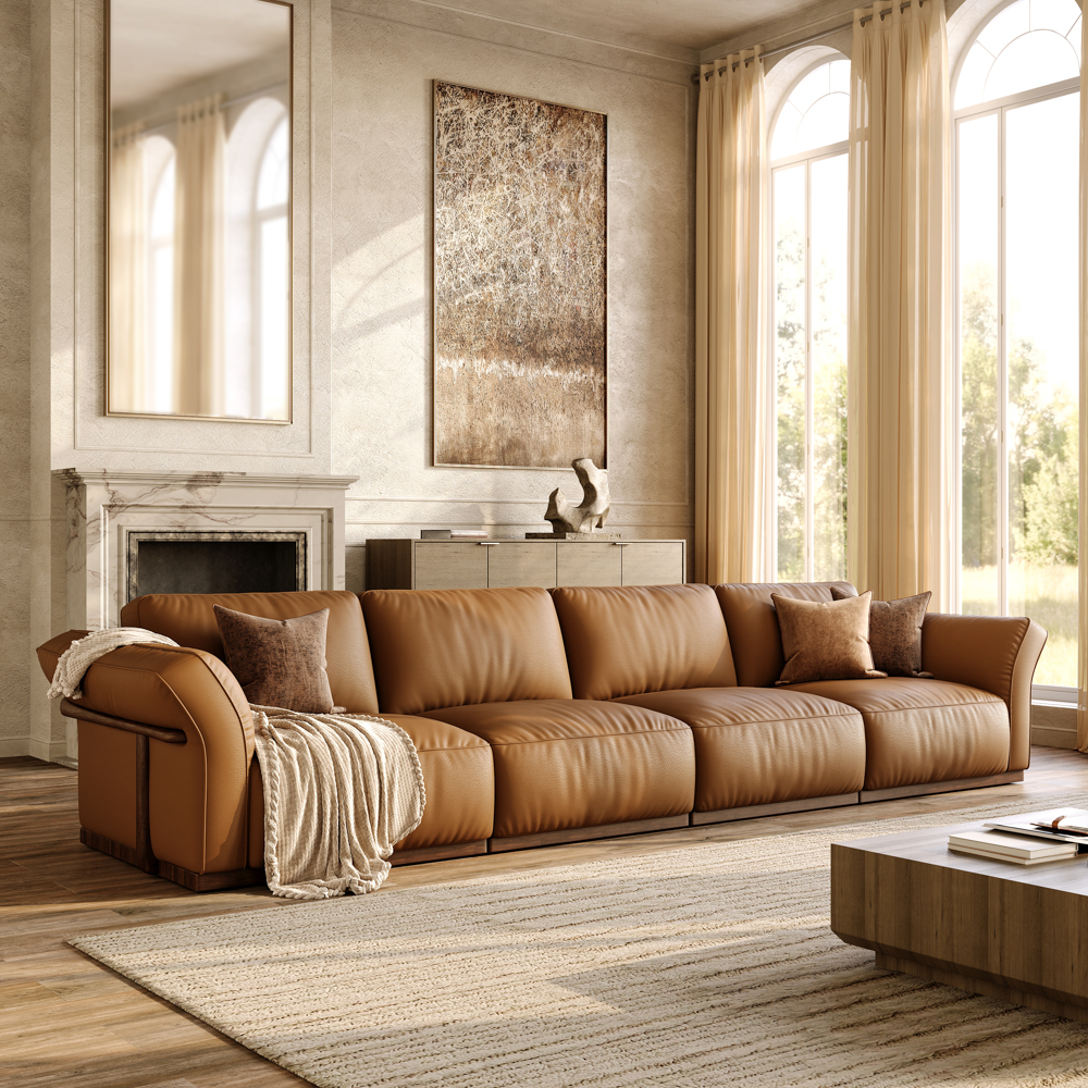 146'' Brown Genuine Leather Modular Sofa with Solid Wood Frame