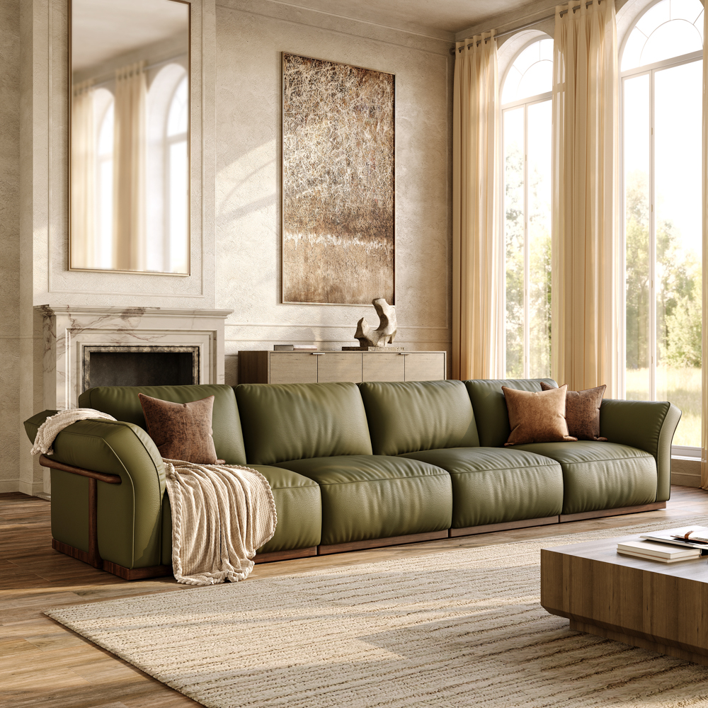 146'' Green Genuine Leather Modular Sofa with Solid Wood Frame
