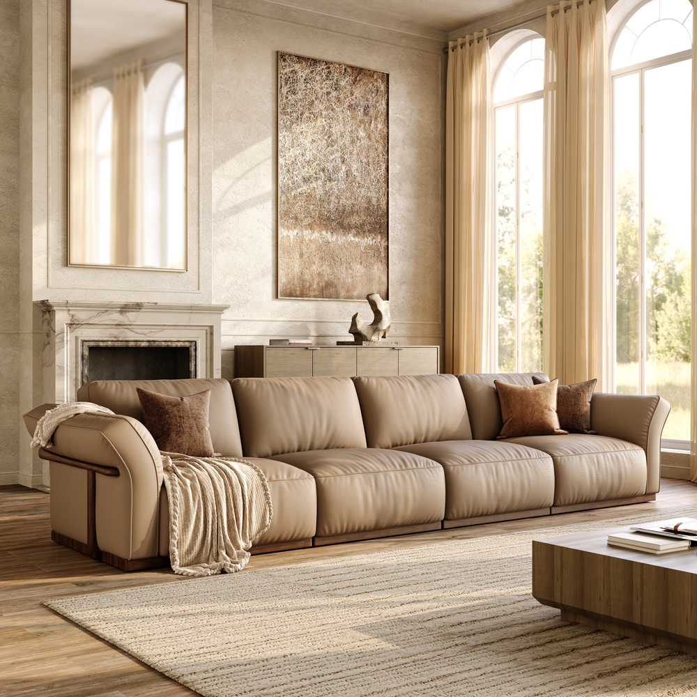 146'' Khaki Genuine Leather Modular Sofa with Solid Wood Frame