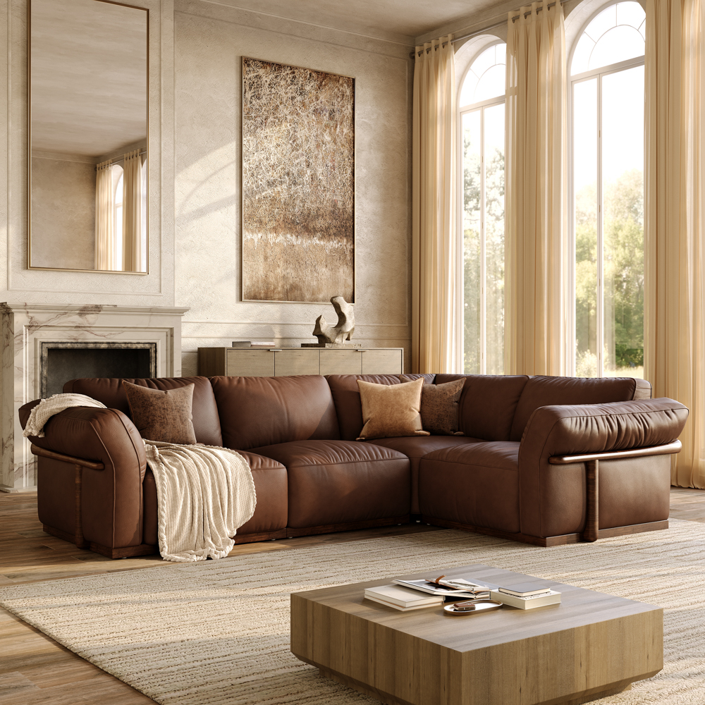 113'' Dark Brown L-Shaped Top-Grain Leather Modular Sofa