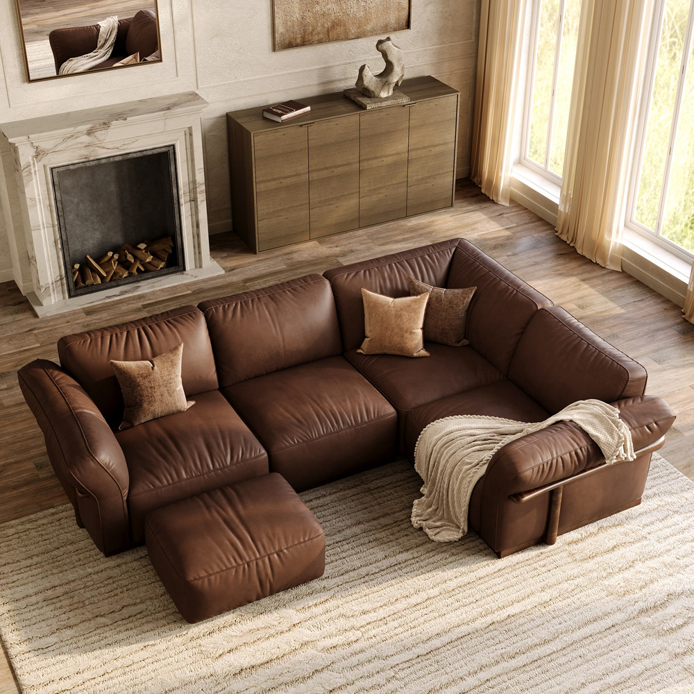 113'' Dark Brown L-Shaped Top-Grain Leather Modular Sofa With Ottoman
