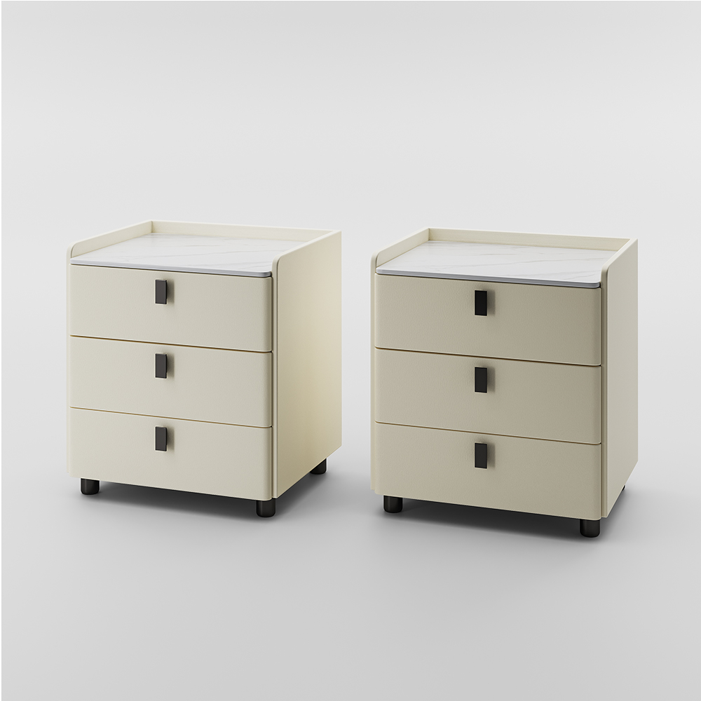 Modern Nightstand with 3 Drawers, Beige Bedside Table, Sintered Stone Tabletop, Beige, Fully-Assembled