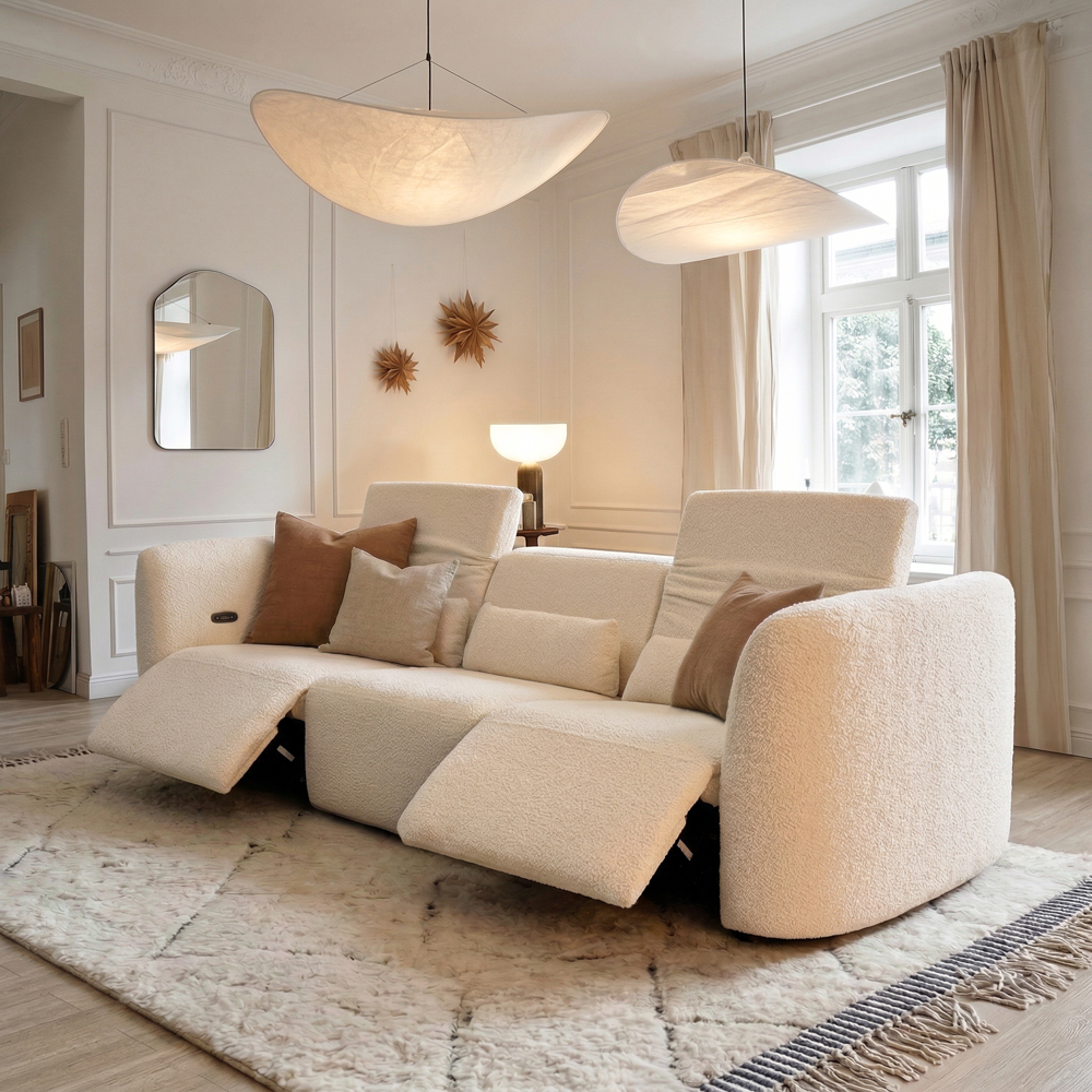 122" Dual Power Reclining Sofa in Italian Bouclé Teddy, Independent Headrest & F...