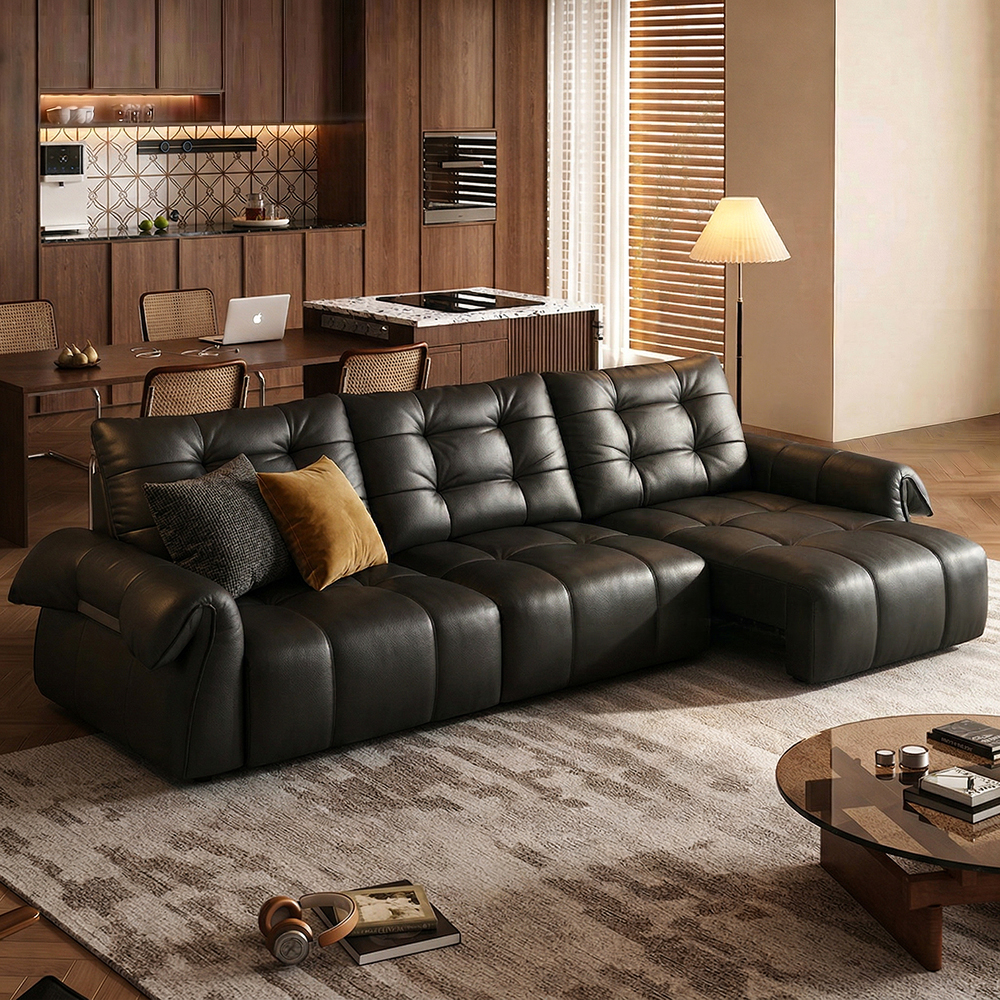 124" Top-Grain Leather Power Sofa Bed with Remote Control, Modern Tufted Roll Ar...