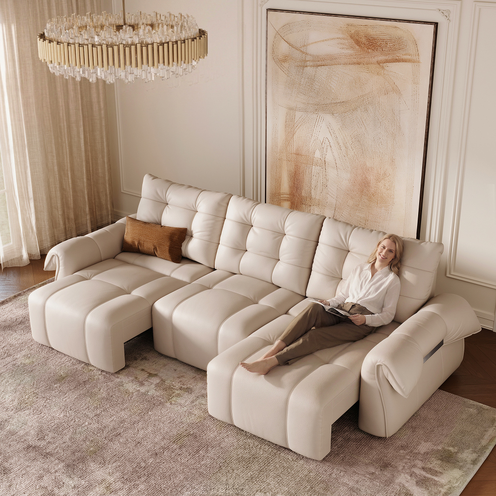 124" Top-Grain Leather Power Sofa Bed with Remote Control, Mid-century Modern Tufted Roll Arm Extendable Couch, Queen Oversized Deep Sofa for Living Room & Guest Room, Beige