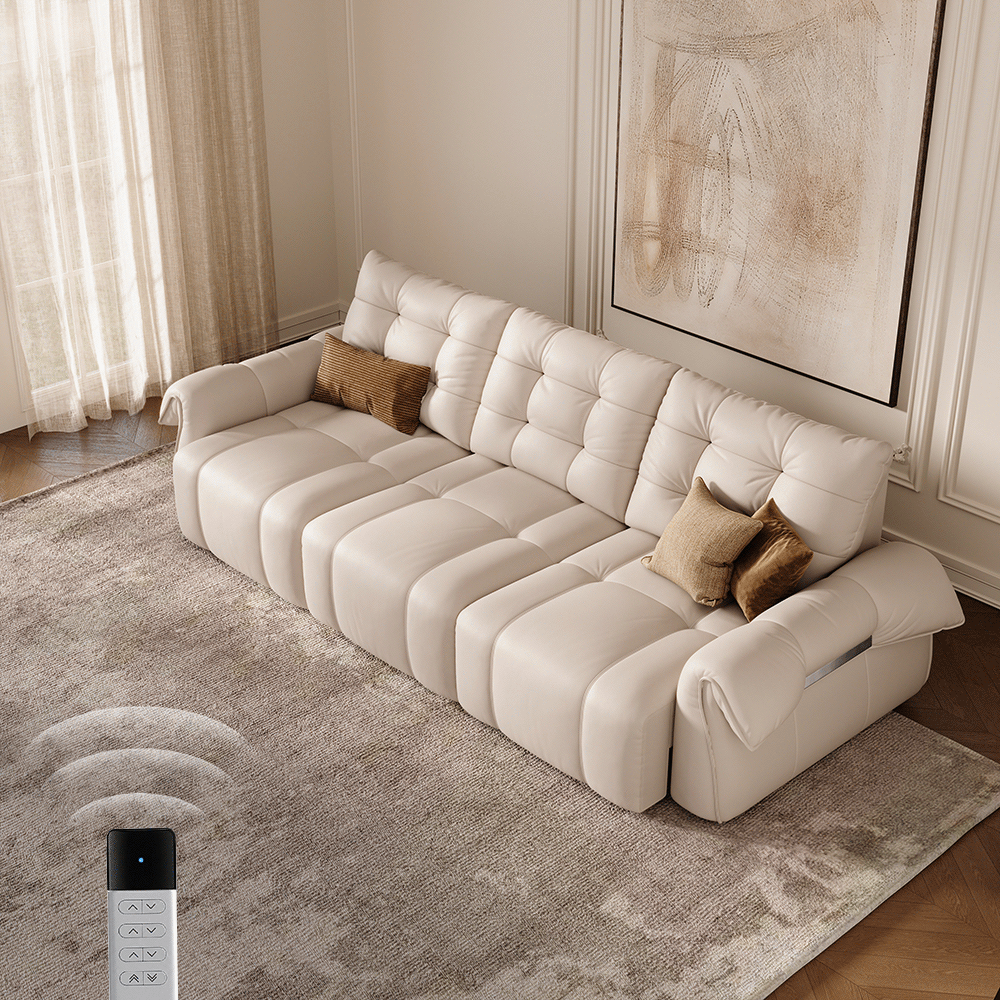 Power Outlet Beige Top Grain Leather Power Reclining Sofas