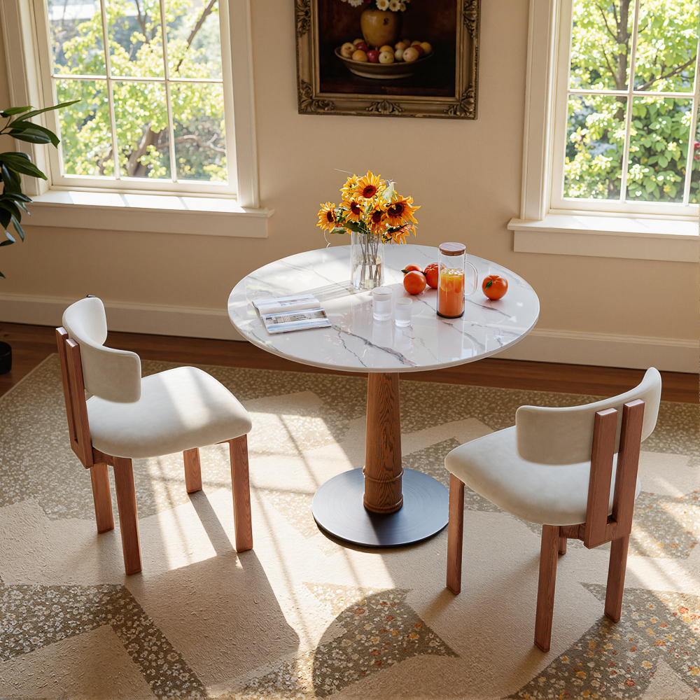 35.4" Round White Glossy Sintered Stone Bistro Table – Small Space Bistro Table With Walnut Ash Wood Base & Stainless Steel Legs
