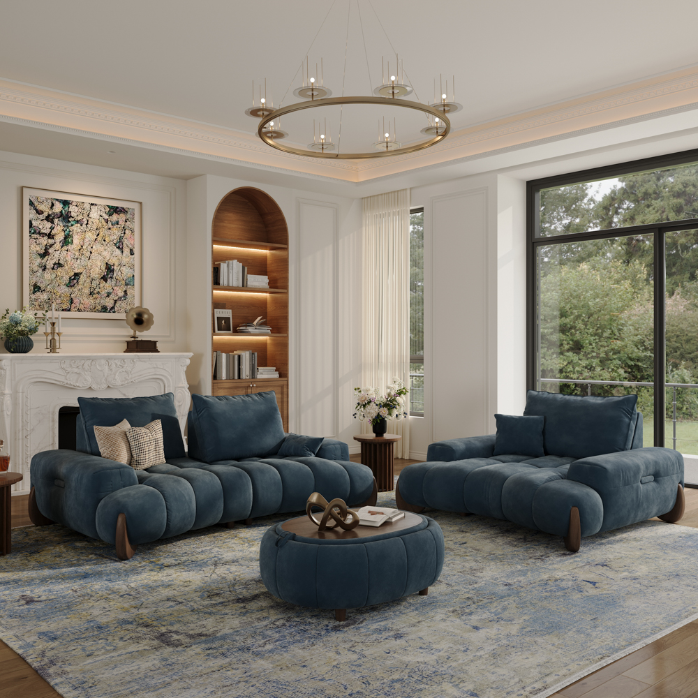 Navy Blue Mid Century Sectional Sofa and Storage Ottoman with Reversible Tray Table