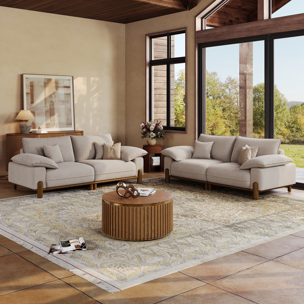 2+2 Seater Mid Century Light Khaki Chenille Sofa Set with Solid Wood Frame & Pillow Arms
