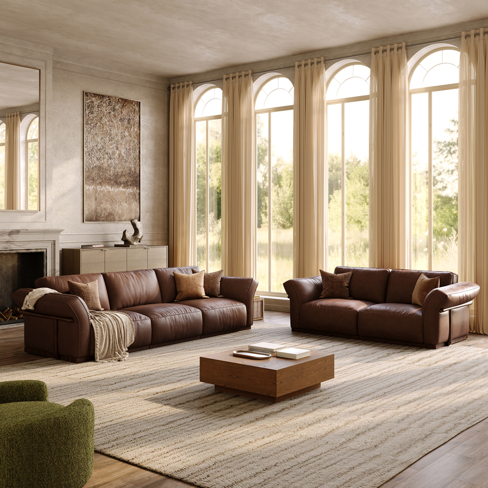 2+3 Seater Dark Brown Genuine Leather Sofa Set with Solid Wood Frame & Comfortable Seating