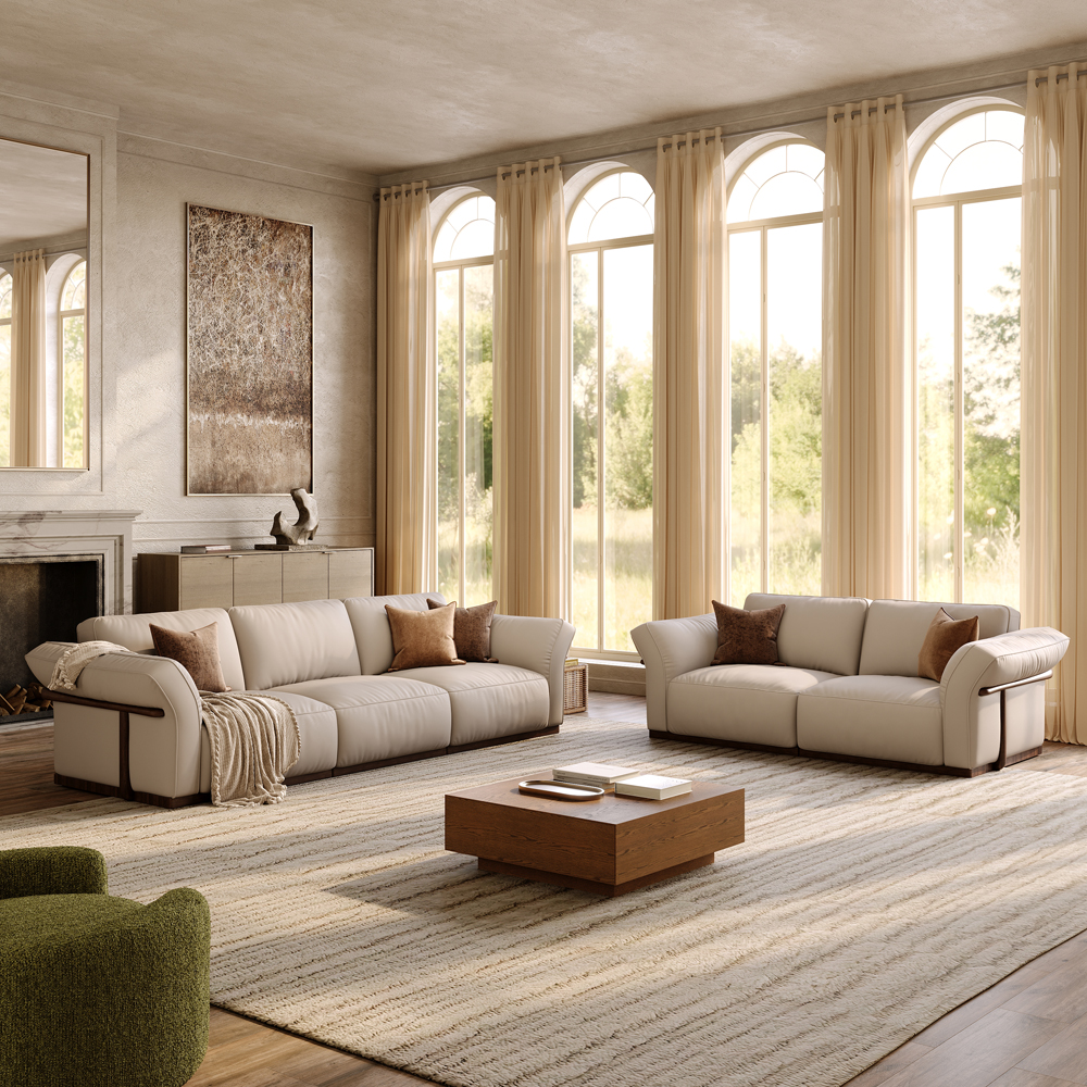 2+3 Seater Beige Genuine Leather Sofa Set with Solid Wood Frame & Comfortable Seating