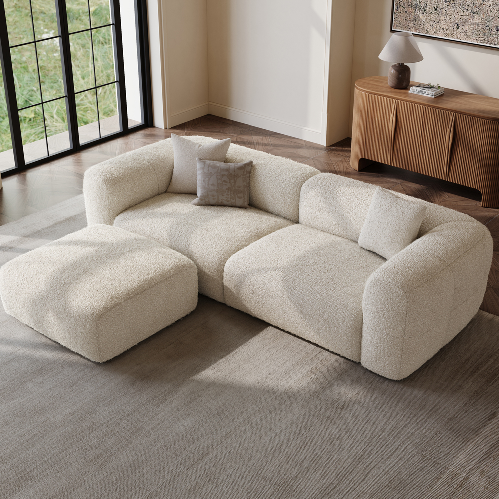 Minimalist Couch 2-3 Seater Boucle Lounge Sofa with Ottoman, Comfy Couch for Liv...