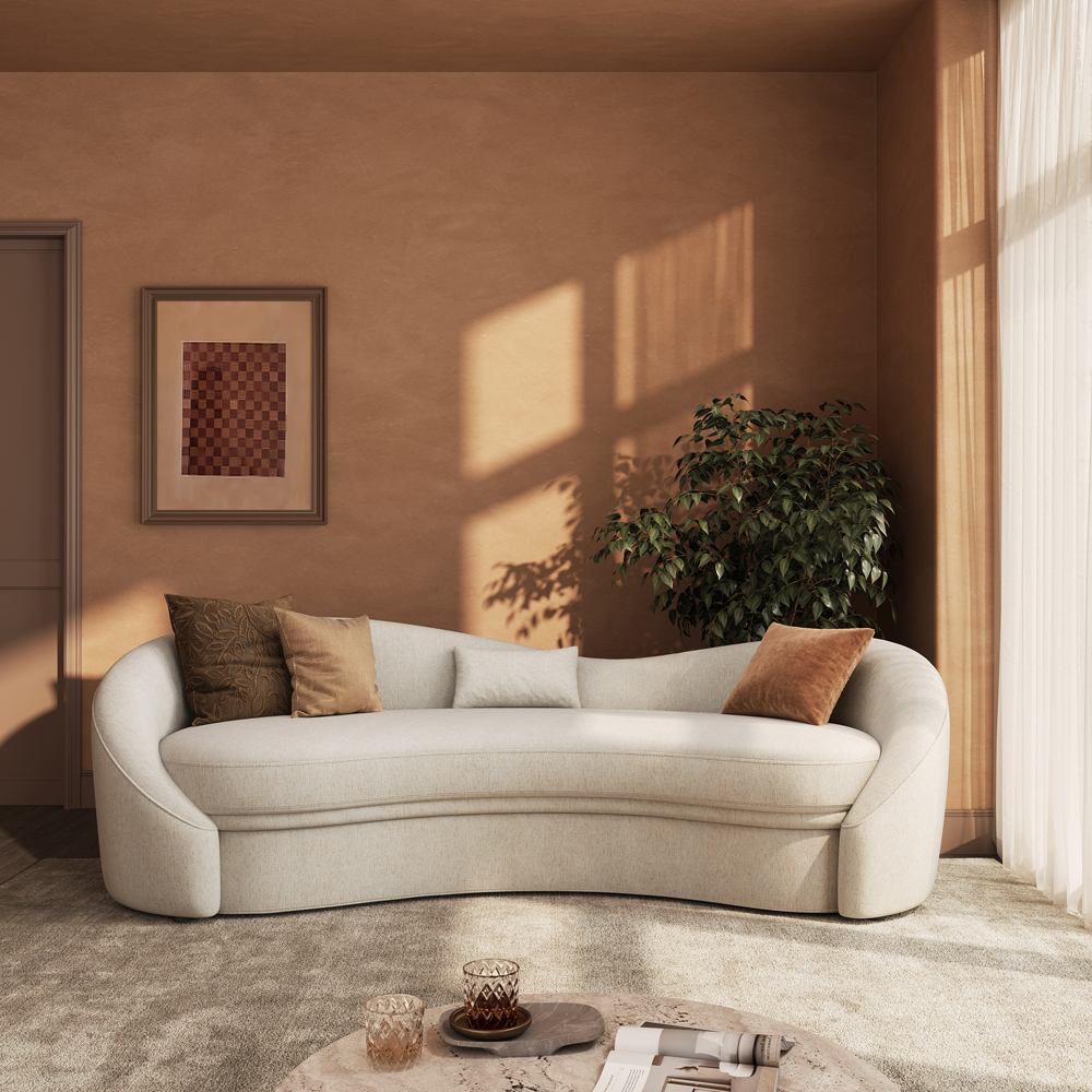 Cotton Linen Curved Sofa Beige Performance Fabric Sofa, 86.5 Inch Long Couch