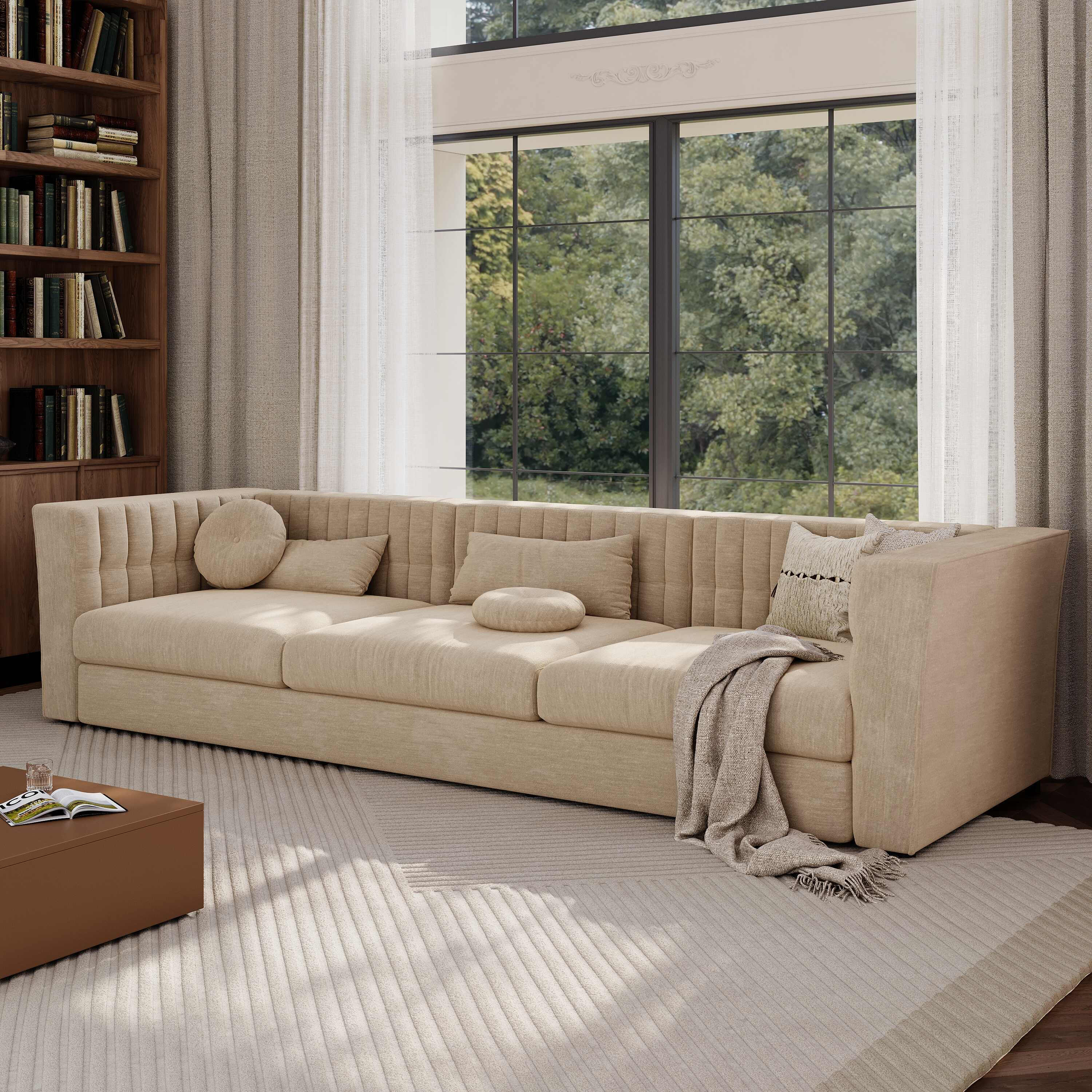 140 Inch Modern Beige Tufted Sofa with Track Arms, Velvet 3-4 Seater Sofa