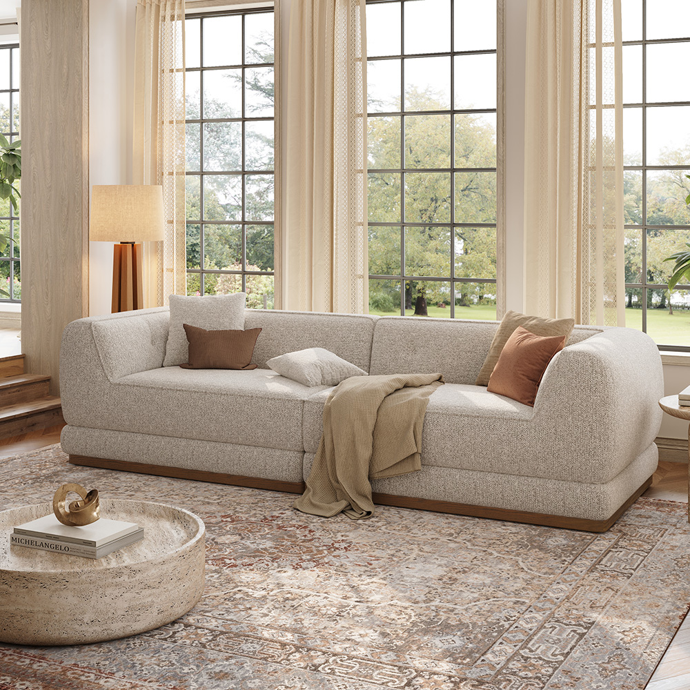 110 inch Wide Chenille Sofa with Solid Wood Base in Light Gray