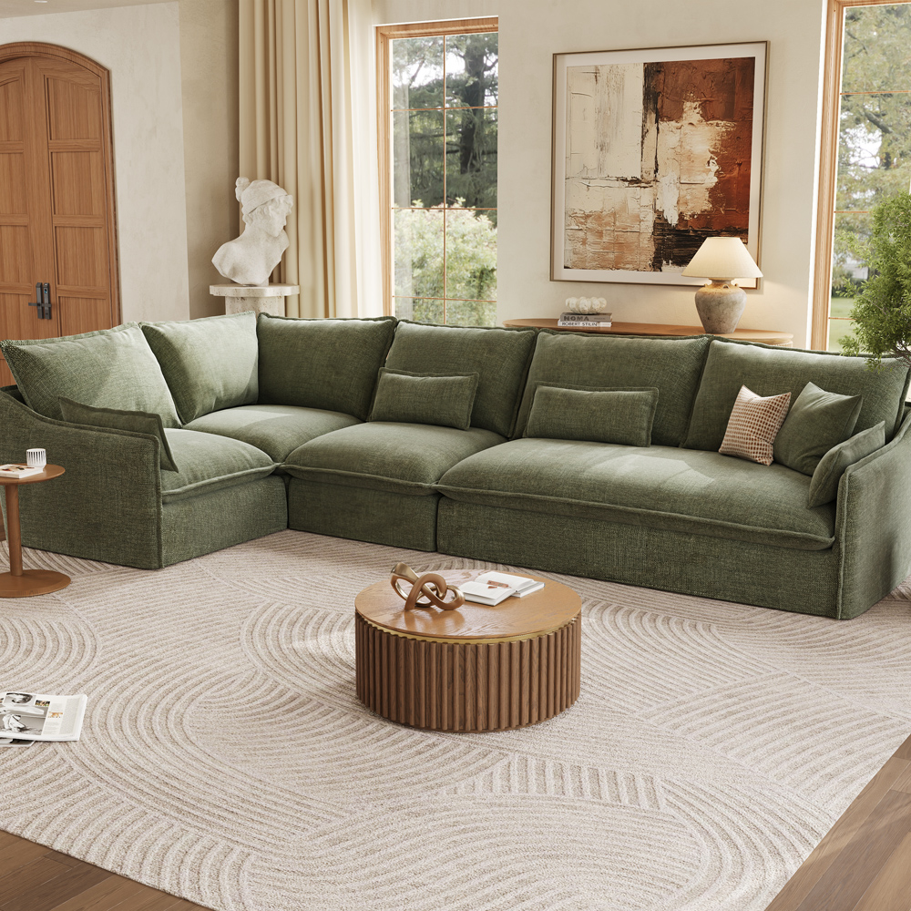 Cozy Green Cotton Linen Sectional  L-Shaped Sofa for Family Movie Nights