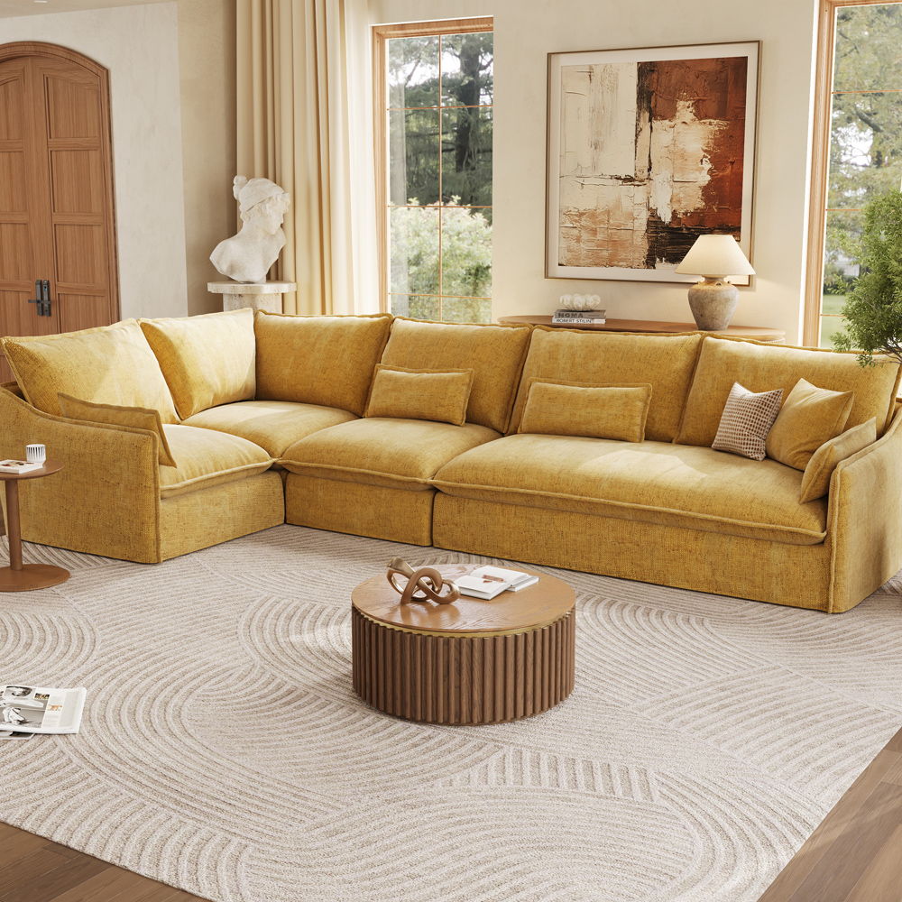 Cozy Yellow Cotton Linen Sectional  L-Shaped Sofa for Family Movie Nights