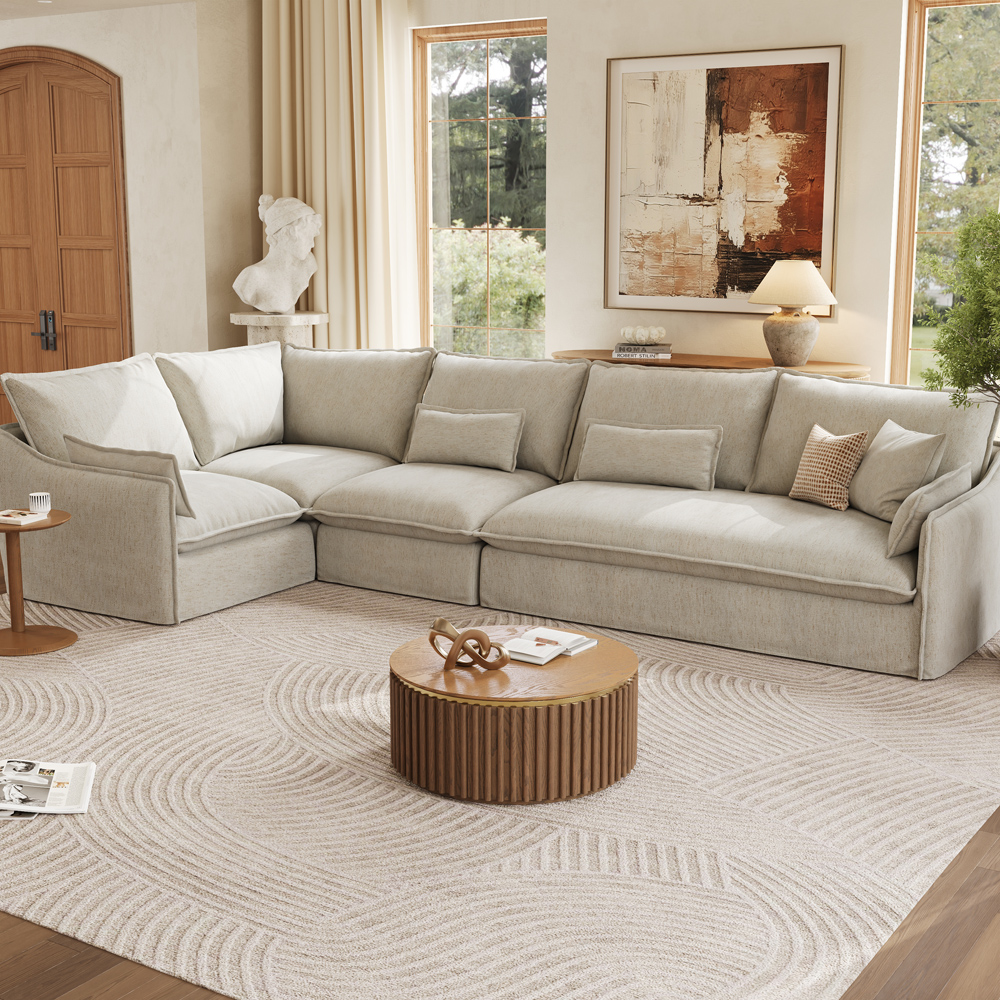 Cozy Beige Cotton Linen Sectional  L-Shaped Sofa for Family Movie Nights