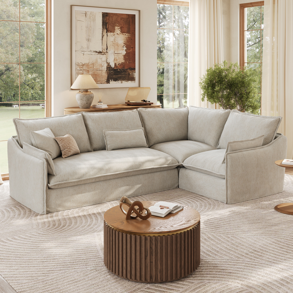 Beige Cotton Linen L-Shaped Sofa with Removable Covers